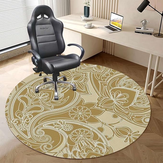 Caramel Yellow PU Leather Chair Mat for Hardwood &amp Tile Floor Antique Mild Ombre Shade Gothic Victorian Desk Chair Mat Large Anti-Slip Floor Protector for Home Office Damask Diameter 35.4 in