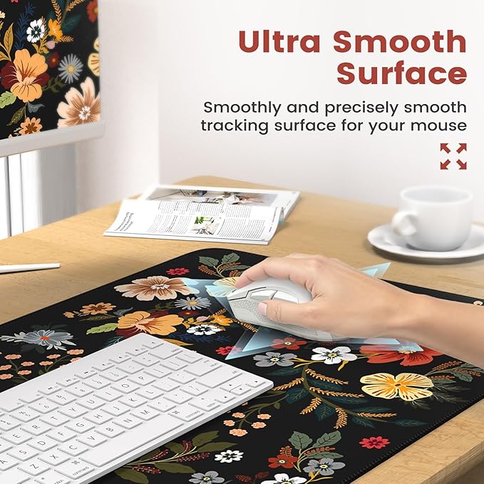 iCasso Desk Cover Mat 4in1 Floral Large Mouse Pad with Wrist Rest Desk Matt for Desktop Anti-Slip XXL Big Computer Ergonomic Mousepad with Wrist Support for Keyboard and Mouse (Flowers)