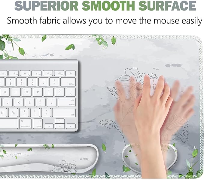 ARTSO Gaming Mouse Pad Wrist Support Set XXL Large Desk Mat Mousepad + Keyboard Wrist Support+ Mouse Wrist Rest+Coaster 4in1 Ergonomic Memory Foam -Green Leaves and Line Flower