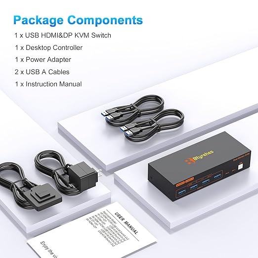 4K Kvm Switch 2 Monitors 2 Computers 4K@60Hz HDMI Displayport Dual Monitor KVM Switches 2 Ports for 2 PC Share Mouse Keyboard and 2 Screens with USB 3.0 Cables and Extended Controller