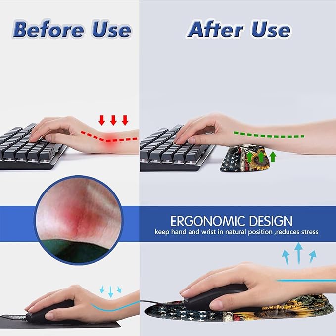 Bxgolkgd Ergonomic Gel Mouse Wrist Rest Pad and Keyboard Pad SetAnti-Slip PU Bottom Easy Typing and Relieve Wrist Pain with Cute Coaster Set (3-American Flag Cow with Sunflowers)