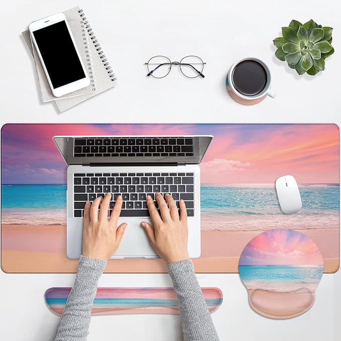 Arttown Pink Blue Sky Desk Mat Turquoise Ocean Mouse Pad Set 4 in 1 Dusk Beach Ergonomic Design Large Desk Pad + Keyboard Wrist Rest + Mouse Wrist Rest + Coaster Suitable for Home Office Study Game