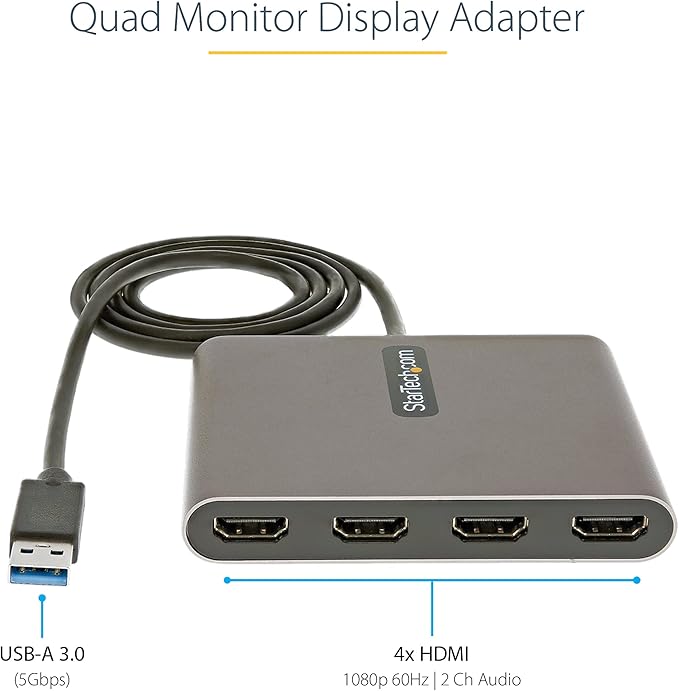 StarTech USB 3.0 to Quad HDMI Adapter USB Type-A to 4 HDMI Monitor Converter External Video Graphics Card 4x 1080p 60Hz Windows Only TAA Laptops and Desktops Bus Powered 1m Cable