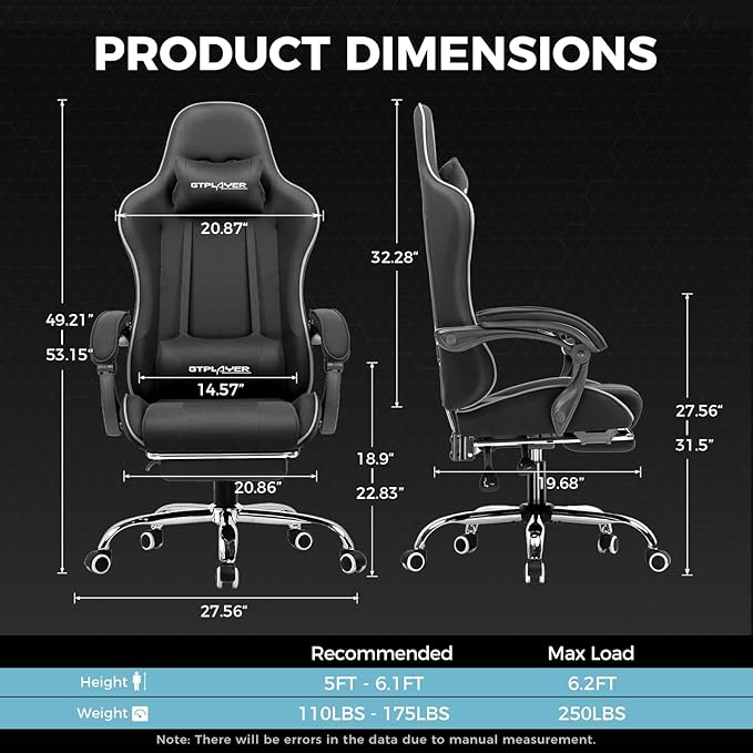 GTPLAYER Gaming Chair Computer Chair with Footrest and Lumbar Support Height Adjustable Game Chair with 360°-Swivel Seat and Headrest and for Office or Gaming (Faux Leather Black)