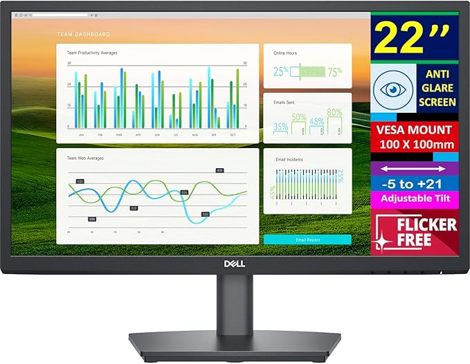 Dell 22 FHD VA 60Hz Display Monitor with Anti-Glare Flicker Free VESA Mount (100x100mm) Stereo Speakers 1xHDMI 1xDP 1xVGA Ideal for Home &amp Business Black (2025 Latest Model - E2222HS)