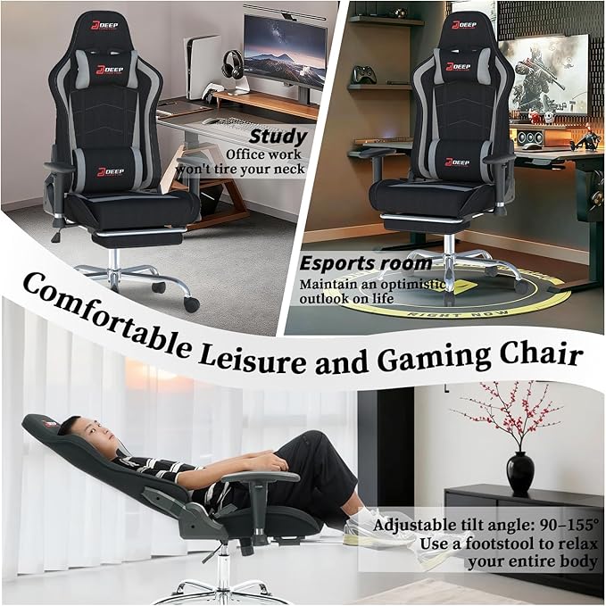 Fabric Gaming Chair Skin-Friendly and Breathable Manufactured by A Reputable Manufacturer Safe and Stable Specially Designed for Gaming.with Footrest Mg(1005-Gray)