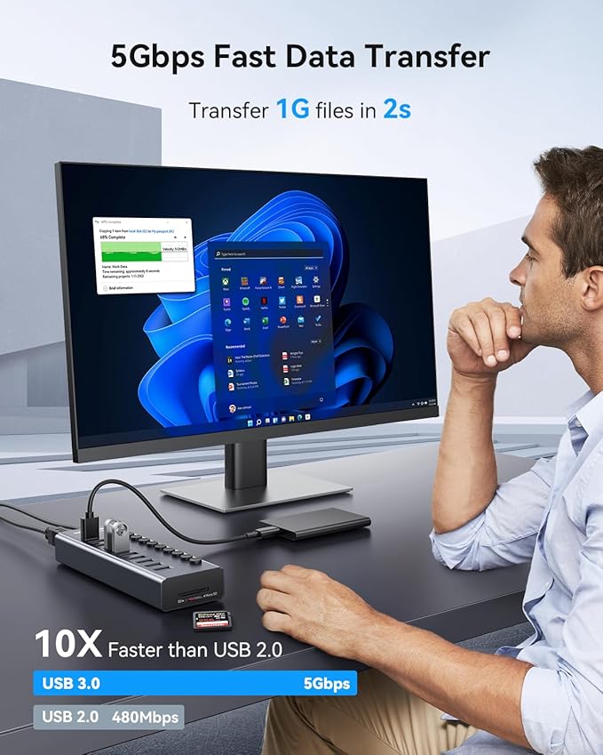 WENTER Powered USB Hub 3.0 with SD/TF Card Reader Aluminum 10 Port Powered USB Hub (9 USB 3.0 Data Transfer Port &amp 1 USB Fast Charging Port Hub) USB 3.0 Hub for PC Laptop