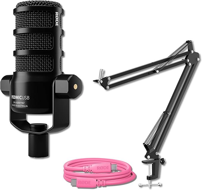 Rode PodMic USB Dynamic Broadcast Microphone with Rode SC27 Pink USB-C to USB-C Cable and StreamEye Adjustable Boom Arm
