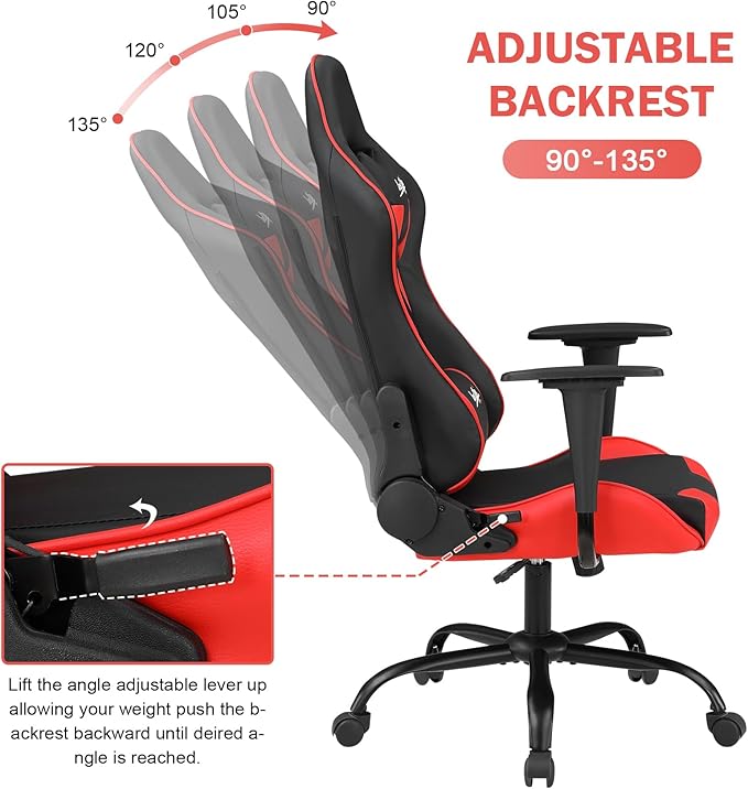 BLKMTY Gaming Chair Office Chairs High Back Computer Leather Desk Chair Racing Executive Ergonomic Adjustable Swivel Task Chairs with Headrest and Lumbar Support Red