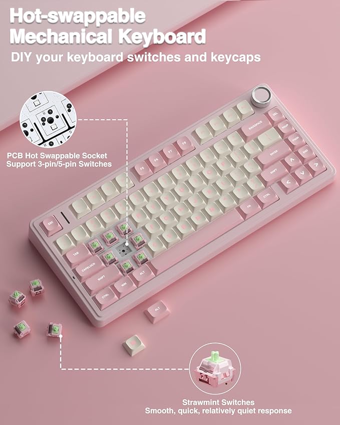 AULA F75 75% Wireless Mechanical Keyboard Hot Swappable Pink Creamy Keyboard Pre-lubed Linear Switches PBT Keycaps 2.4GHz/Type-C/BT5.0 RGB Backlit Computer Gaming Keyboards for Office/Laptop/PC