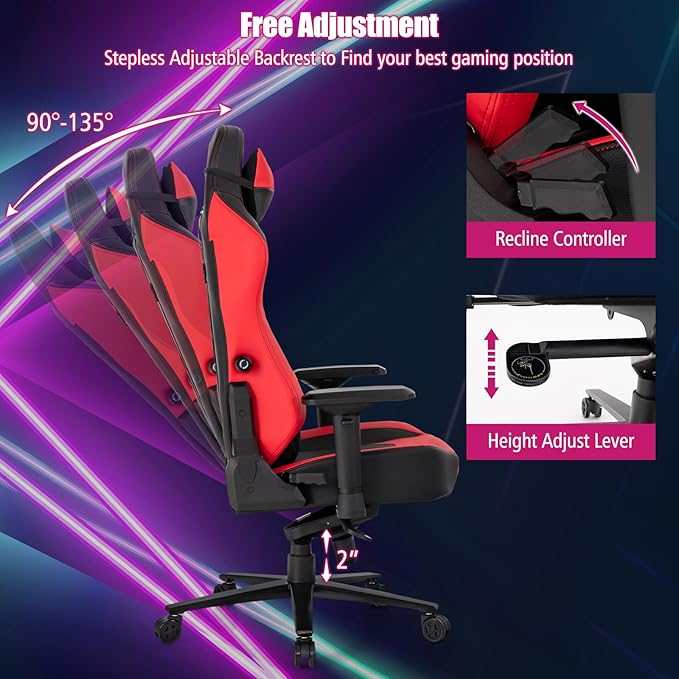 Goplus Gaming Chair 360° Swivel Computer Chair with Casters Multi-Angle Reclining Tension Control 4D Armrest Headrest Gas Lift Height Adjustable Game Chair for Office Bedroom Red