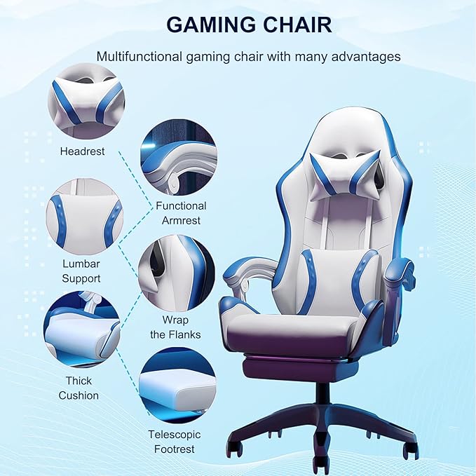 Computer PC Chair Height-Adjustable Swivel Video Game Chair Executive Office with Footrest Lumbar Support
