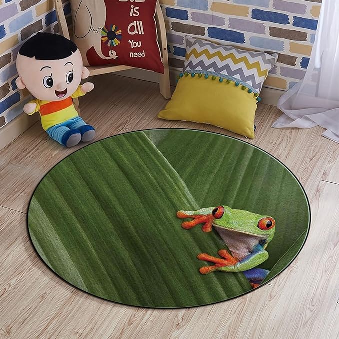 Green Office Chair Cushion Mat Red Eyed Tree Frog Hiding in Exotic Rainforest Tropical Hard Floors Non Slip Multi-Purpose Desk Chair Mat Rug for Hardwood Tile Floor Carpets Animal Diameter 48 in