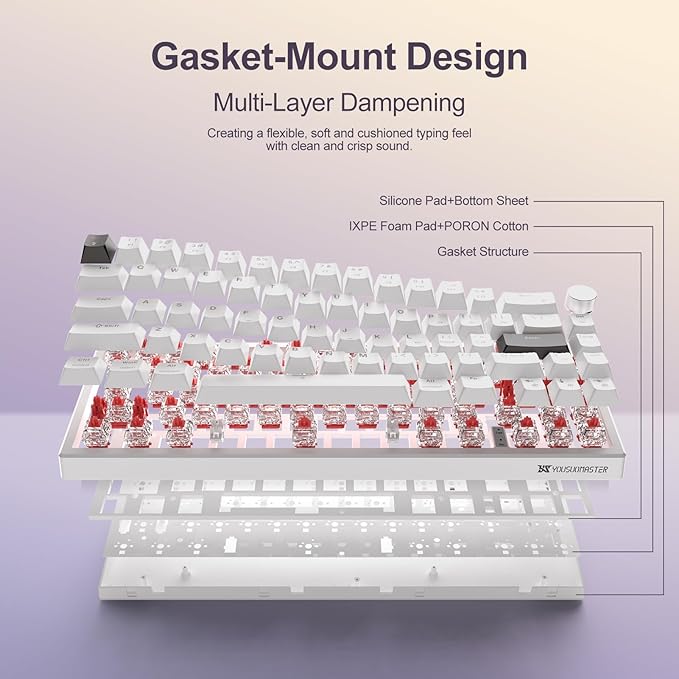 X82 Wired Gaming Keyboard with Volume Knob60% Mechanical Keyboard Gasket Mount RGB Backlit with SoftwareMini Keyboards with 66 Keys Hot Swappable Red SwitchTranslucent Characters White