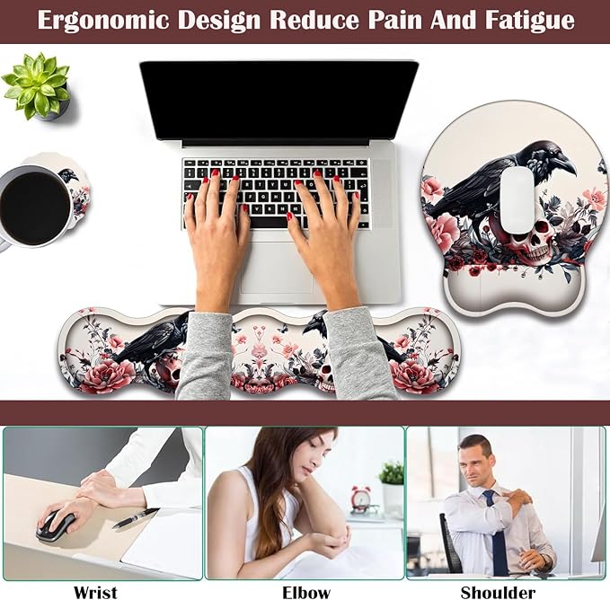 Keyboard Wrist Rest and Mouse Pad Wrist Support with Lace-Shaped Coaster Set Ergonomic Gel Memory Foam and Anti-Slip Base Easy Typing and Pain Relief - Rose Skeleton