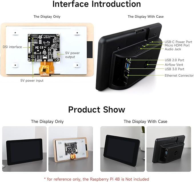 Generic LUCKFOX Touchscreen7 inch DSI Display Support 3D Printing Compatible with Raspberry Pi 5/4/3 IPS Screen Capacitive LCD 800x480 170°Wide Viewing Angle Toughened Glass LCD Black