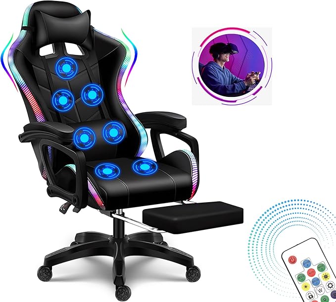 7 point massage gaming chair office chair gaming chair with RGB lights and speakers swivel chair with footrest tiltable chair computer chair with lumbar support ergonomic video gaming chairBlac