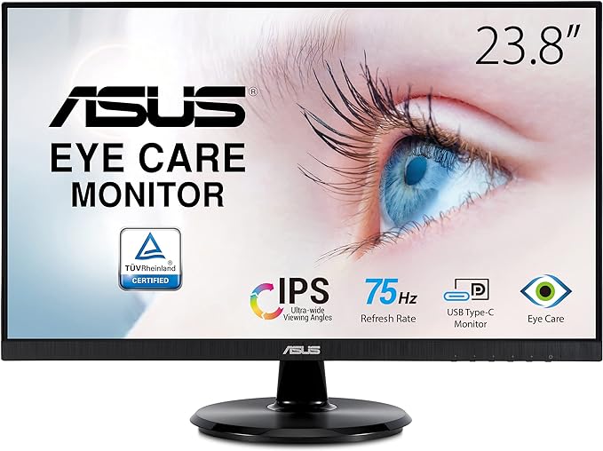 ASUS 23.8” 1080P Monitor (VA24DCP) - Full HD IPS 75Hz USB-C 65W Power Delivery Speakers Adaptive-Sync/FreeSync Low Blue Light Flicker Free VESA Mountable Frameless HDMI