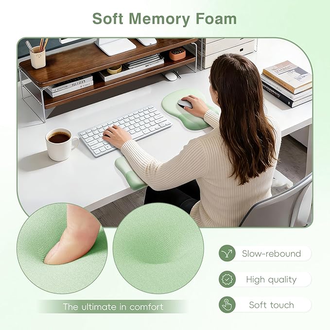 Ospelelf Mouse Pad with Wrist Rest Set Foam L-Shaped Desk Elbow Pad Ergonomic Desk Edge Cushion Anti-Slip Rubber Bottom Office Women Desk Accessories for Computer Laptop and Gaming Light Green