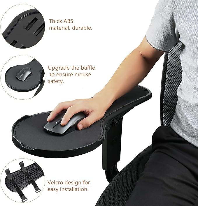 Ergonomic Adjustable Arm Rest Mouse pad for Chair Mouse Extension Platform Tray with Mouse Baffle to Prevent Falling Attaches to Chair Black (Black（YYLL8326）)