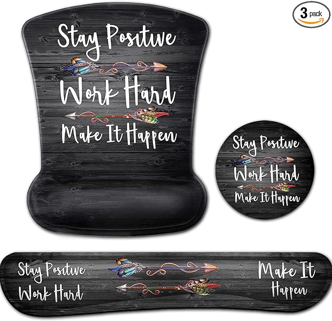 Ergonomic Mouse Pad with Gel Wrist Rest SupportNon-Slip PU Base for Computer Laptop Home Office Stay Positive Work Hard and Make It Happen Memory Foam Keyboard Wrist RestSilver Glitter Black Quote