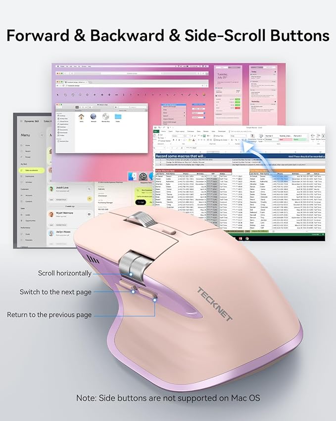 TECKNET Wireless Mouse Bluetooth Mouse (BT5.3/5.0 &amp 2.4G) Rechargeable Ergonomic Optical Mouse with 6 Adjustable DPI Side Scroll USB A Receiver 7 Buttons Wide Compatibility - Pink &amp Purpl