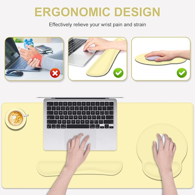 4 PCS Mouse Pad Desk Mat Protector Keyboard Wrist Rest + Comfortable Mouse Pad with Wrist Rest +Coaster Large Gaming Mousepad for Computer Laptop 35.4 X 15.7 XXL Deskpad for Office Home I Yellow