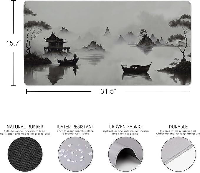 Sweet Jojo Designs Large Mouse Pad (Black and White Traditional Japanese) Desk Mat for Keyboard and Mouse Pads Gaming Mousepad Office Desk Accessories for Men &amp Women (Grey Asian Ink Wash Japa