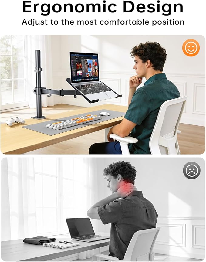 H&ampC(hcck&ampCllassp) Laptop Desk Mount for 11-17 Notebook Fully Adjustable with Tilt Swivel Rotation Extension Single Laptop Arm with Vented Tray C-clamp Black