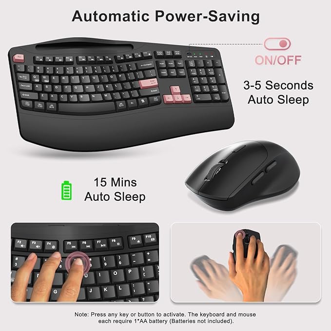 Wireless Keyboard and Mouse Combo 2.4G Full Size Wave Keys Ergonomic Keyboard with Wrist Rest Phone Holder 3-Level DPI Wireless Silent Mouse with 6-Buttons for Windows (Pink)