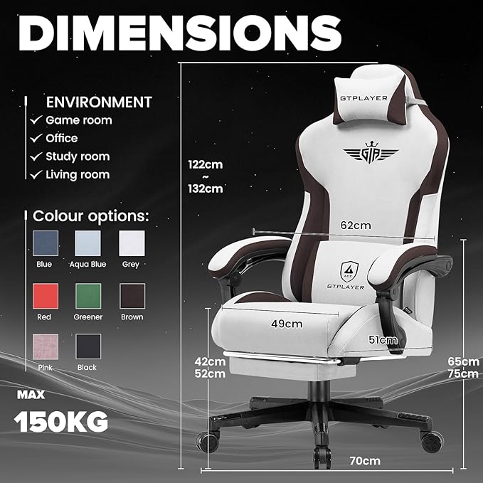 GTPLAYER Gaming Chair Computer Office Chair Lumbar Support Linkage Armrests and Footrest Ergonomic Game Chair for Adults with Extended Backrest Fabric Brown