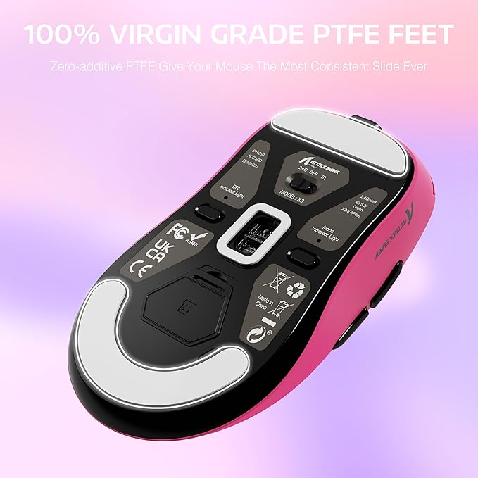 ATTACK SHARK X3 Wireless Gaming Mouse 49g Ergonomic Computer Mouse Triple Modes PAW3395 26K DPI Optical Sensor 200h Battery Life Programmable Buttons Gaming Accessories for PC/Laptop/Mac (Berry)
