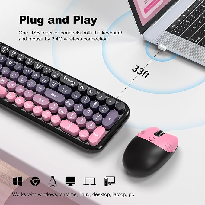 Wireless Keyboard and Mouse Combo MOWUX Compact Typewriter Retro Round Computer Keyboard Cute Optical Mouse Wireless Plug and Play for Laptop PC Computer- Plum Pink Gradient