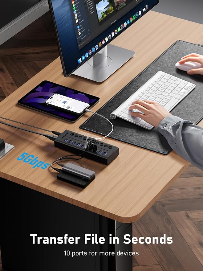 Lemorele 10-Port 24W USB3.0 Powered USB Hub with Individual LED On/Off Switches USB Splitter Support 5Gbps Data Transfer &amp 5V 0.9A Charge for Phone Power Bank TWS etc.