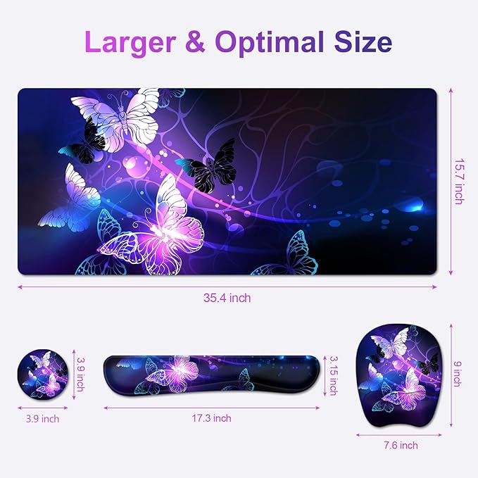 Large Mouse Pad with Wrist Support 4in1 Set XXL Game Mousepad + Keyboard Wrist Rest+Mouse Wrist Rest+Coaster with Ergonomic Design Gaming Mat for Home Office Table Computer I Purple Butterfly