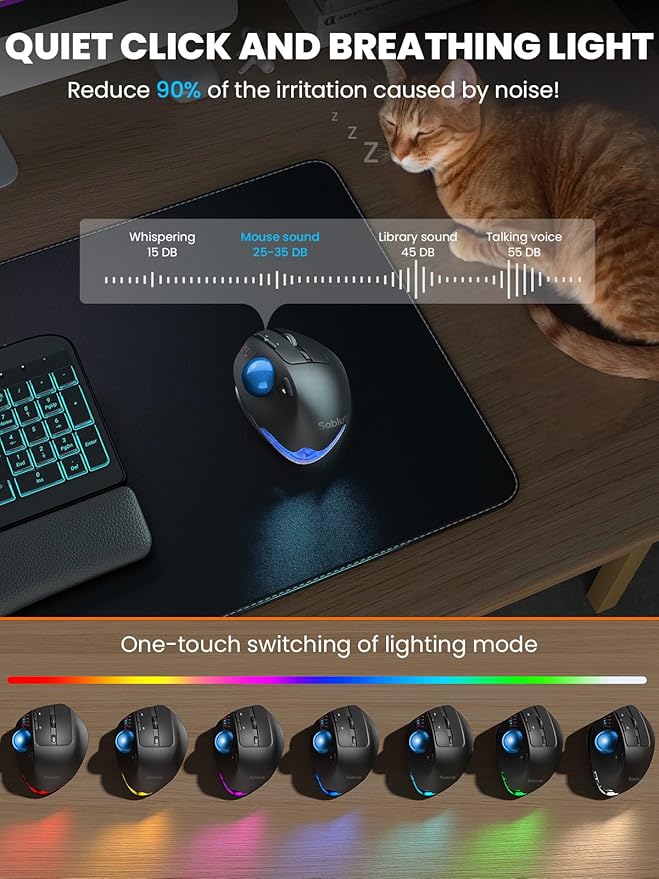 MAM1 Pro Wireless Trackball Mouse Ergonomic Bluetooth Rechargeable Computer Mouse Backlit Rollerball Thumb mice with 5 Level DPI Adjustable Angle 3 Devices Connection for PC Windows - Blue Ball