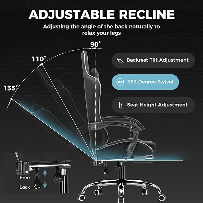 GTPLAYER Gaming Chair Computer Chair with Footrest and Lumbar Support Height Adjustable Game Chair with 360°-Swivel Seat and Headrest and for Office or Gaming (Faux Leather Black)