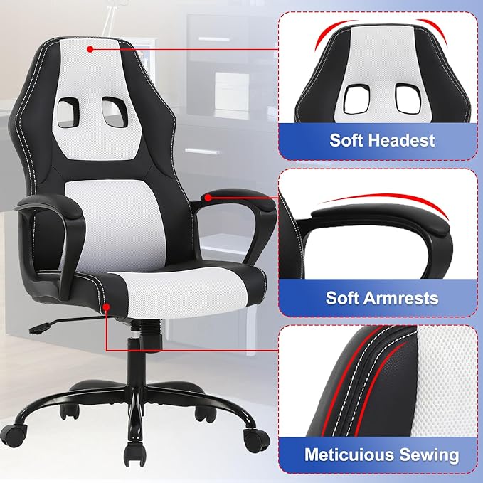 Gaming Chair PU Leather Chairs Ergonomic Office Chair Executive Computer Chairs High Back Computer Task with Lumbar Support Adjustable Height White