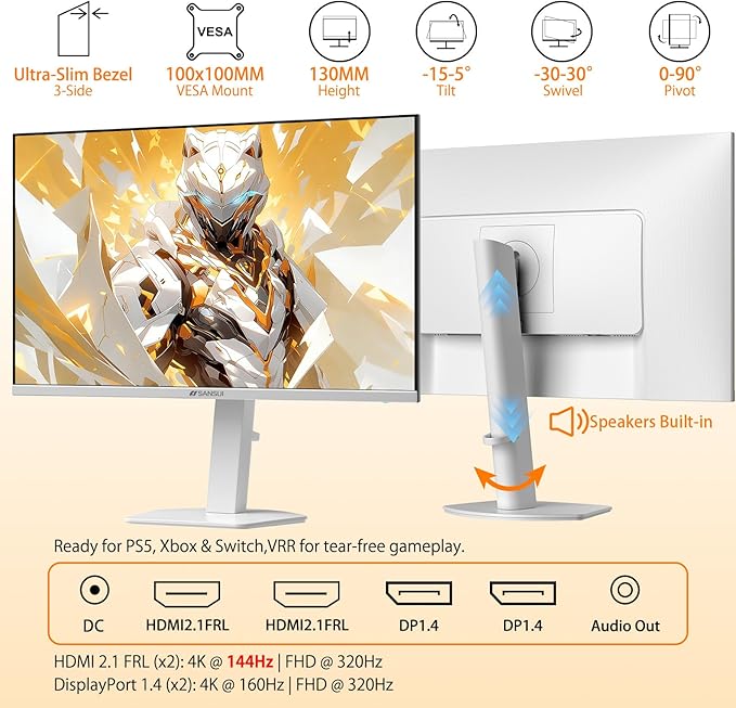 SANSUI 27 4K Gaming Monitor UHD 160Hz or FHD 320Hz Dual Mode PC Monitor- Fast IPS 1ms(OD) 丨2×HDMI2.1丨2×DP 1.4丨Built-in Speakers丨Eye Care丨AI Crosshair丨PIP/PBP丨HDR400丨Rotating/Height Adjustable