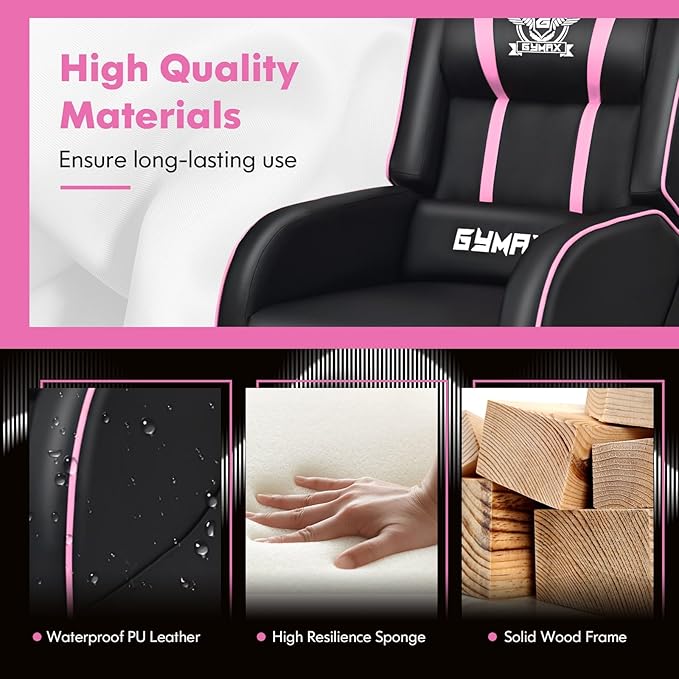 GYMAX Gaming Recliner Massage Gaming Chair w/Adjustable Footrest Remote Control &amp Side Pocket Ergonomic Game Lounge Chair Racing Style Single Theater Seat Game Sofa for Adults (Pink)