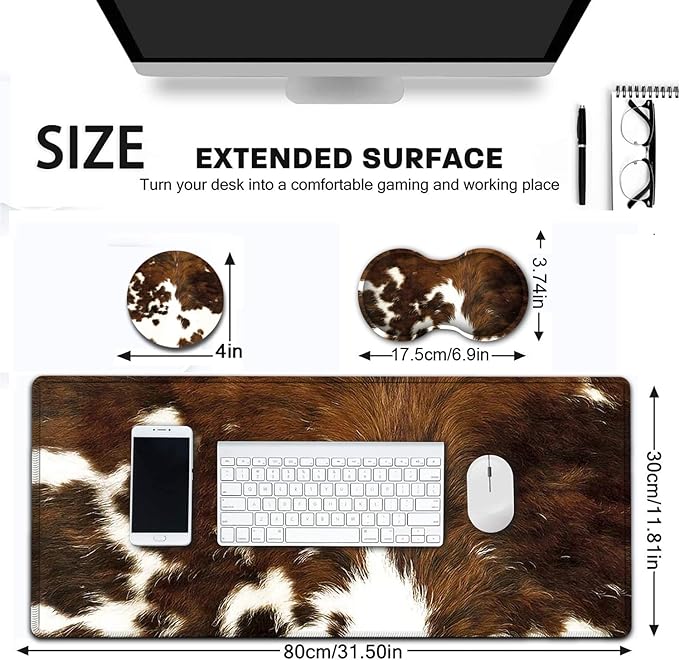 Large Mouse Pad Extended Office Desk Pad 31.5x11.8in Ergonomic Memory Foam Mouse Wrist Rest Support for Home Office Computer Writing Pad Cute Faux Brown Cowhide Fur Pattern XXL Gaming Mouse Mat