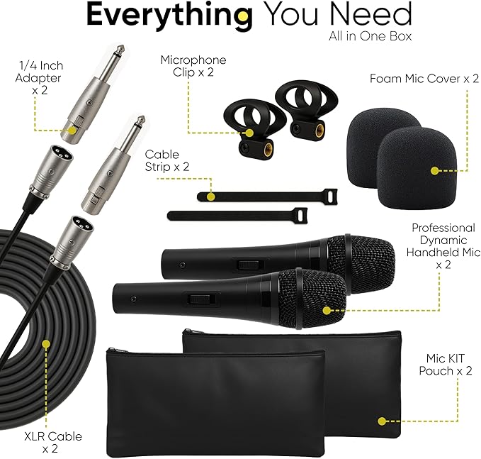 Bowens Dynamic Microphone 2-Pack – Wired Handheld XLR Mics with 15ft Cables Professional Vocal Microphones for Singing Karaoke Podcasting PA Systems and Studio Recording Microfono