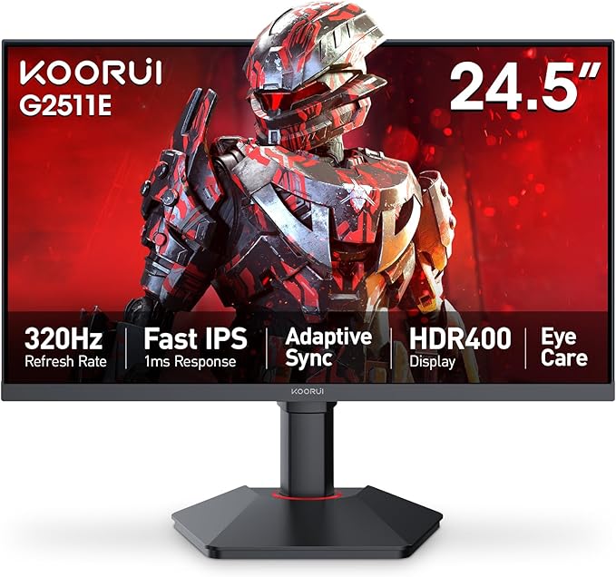KOORUI G2511E 24.5 Inch Gaming Monitor 320Hz 1ms Fast IPS PC Monitor FHD 1080P HDR 400 95% DCI-P3 Color Gamut Adaptive Sync Compatible Ergonomic Stand HDMI 2.0 &amp DP 1.4 Black