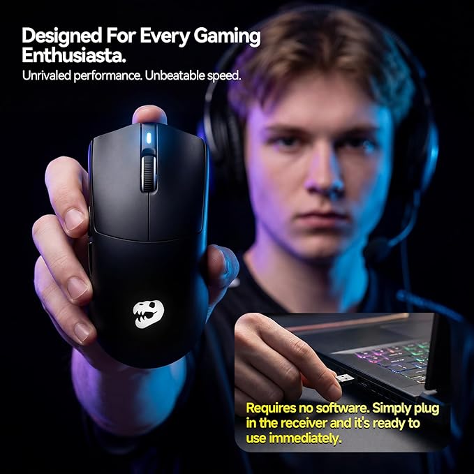 J-Tech Digital Wireless Gaming Mouse - 47g Ultra Lightweight 8000W Switches 24000 DPI Optical Sensor 120-hour Rechargeable Battery Symmetrical Design Bluetooth USB-C Cable – Black