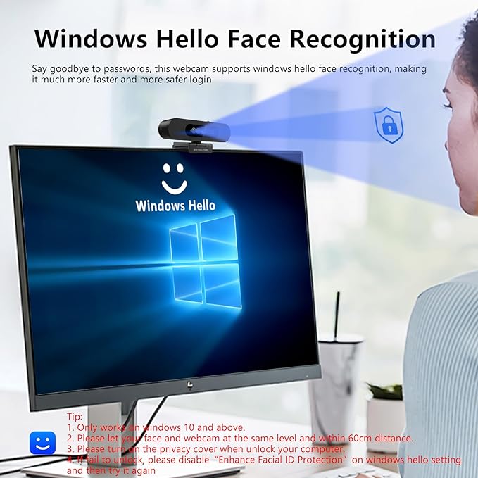 Window Hello Webcam 1080P 30fps Camera with Noise-reducing Mic Plug &amp Play 90° Wide Angle Built-in Privacy Cover 360° Rotation &amp 90° Tilt Perfect for Zoom Google Meet Microsoft Teams