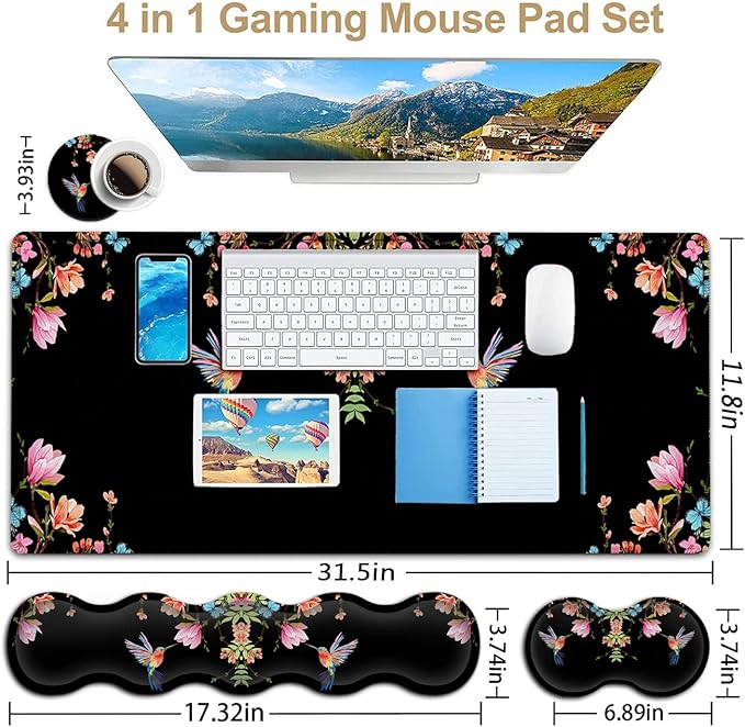 Extended Black Gaming Mouse Pad Ergonomic Memory Foam Keyboard Wrist Rest Support &amp Non-Slip Mouse Wrist Rest for Laptop Desk Writing Pad Hummingbird Watercolor Flower Office Desk MatLarge Mouse