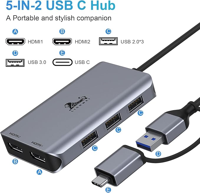 LIONWEI USB 3.0 to Dual HDMI Docking Station for Windows &amp macOS USB C Adapter 2 Monitor Splitter for MacBook Pro/Air/M1/M2/Dell/HP/Lenovo/Surface