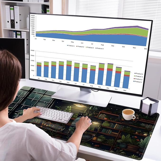 Aesthetic Green Plant Books Mouse Pad with Wrist Support 4 in1 Set XXL Big Game Mousepad + Keyboard Wrist Rest + Mouse Wrist Rest Pad +Coaster Gaming Mat for Work Study I Japanese Anime Lofi Cat