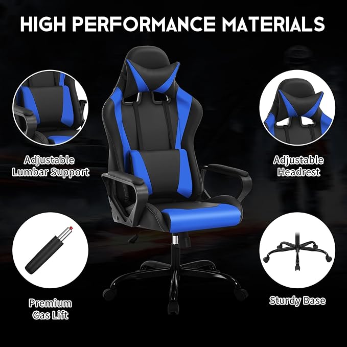 BLKMTY Gaming Chair Video Game Ergonomic Office Racing Computer PU Leather Chair - High Back Executive Task with Lumbar Support Headrest Swivel Chairs Blue