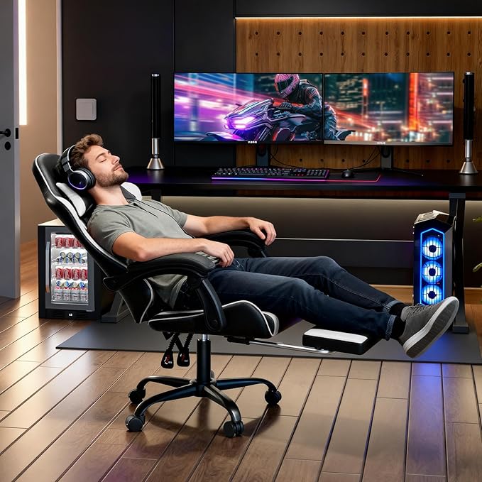 Magshion Gaming Chair for Adults Ergonomic Computer Chair with Linkage Armrests Height Adjustable Gamer Chair with Footrest and Headrest for Home Office 350 Lbs Capacity White